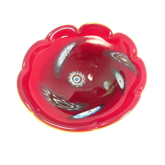 Vintage Mid Century Italian Murano Millefiori Scalloped Art Glass Bowl Red & Whi - Picture 11 of 11